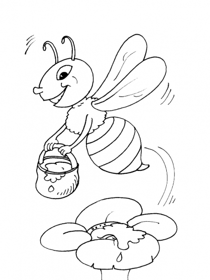 Coloriage d'une abeille butinant des fleurs dans un jardin
