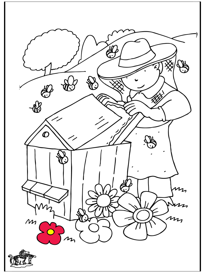 Coloriage d'une abeille butinant des fleurs sous un ciel ensoleillé