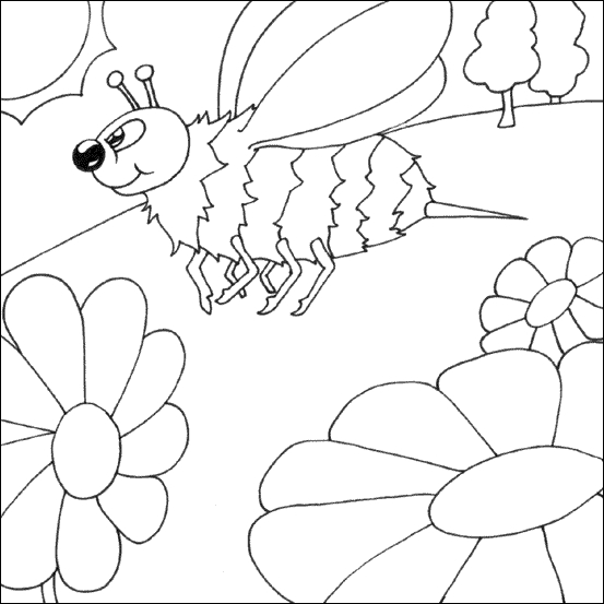 Coloriage d'une abeille en pleine pollinisation entourée de fleurs