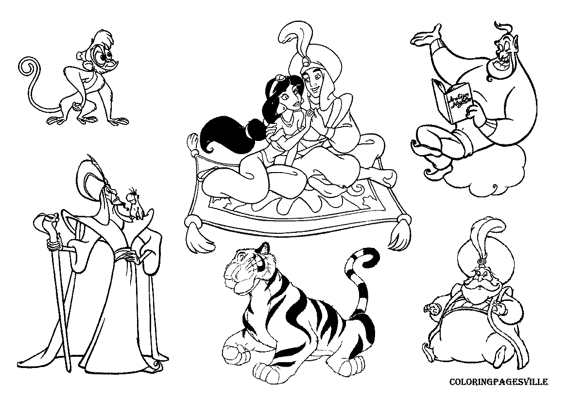 Aladdin et Jasmine sur un tapis volant au-dessus de la ville