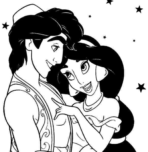 Coloriage d'Aladdin et Jasmine sur un tapis volant dans un décor oriental