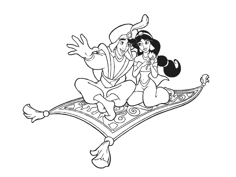 Aladdin et Jasmine en plein vol sur le tapis magique dans un paysage désertique