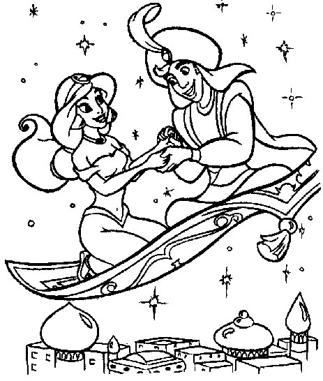 Aladdin et Jasmine s'échappent sur un tapis volant dans un paysage oriental Aladdin et Jasmine s'échappent sur un tapis volant dans un paysage oriental