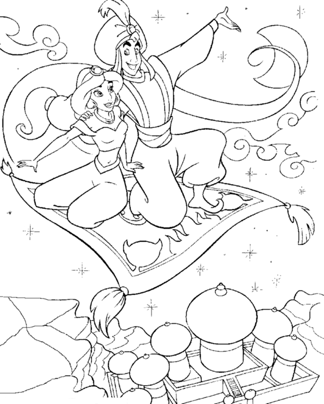 Aladdin et Jasmine sur un tapis volant dans un paysage oriental