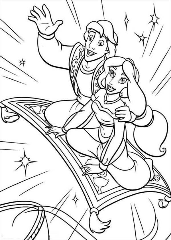 Aladdin et Jasmine sur un tapis volant au-dessus d'une ville orientale
