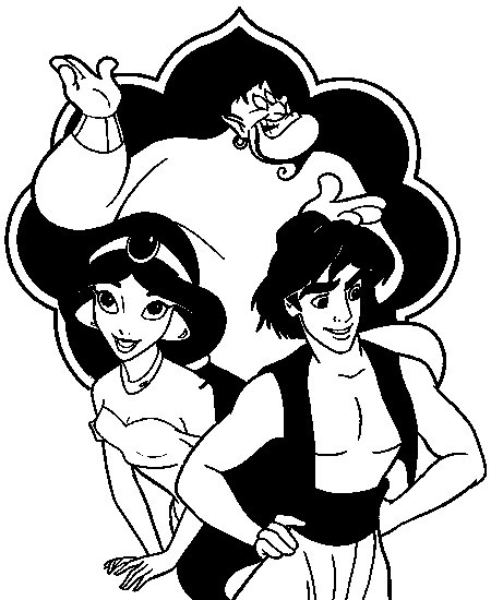 Coloriage d'Aladdin et Jasmine sur un tapis volant avec la ville d'Agrabah en arrière-plan
