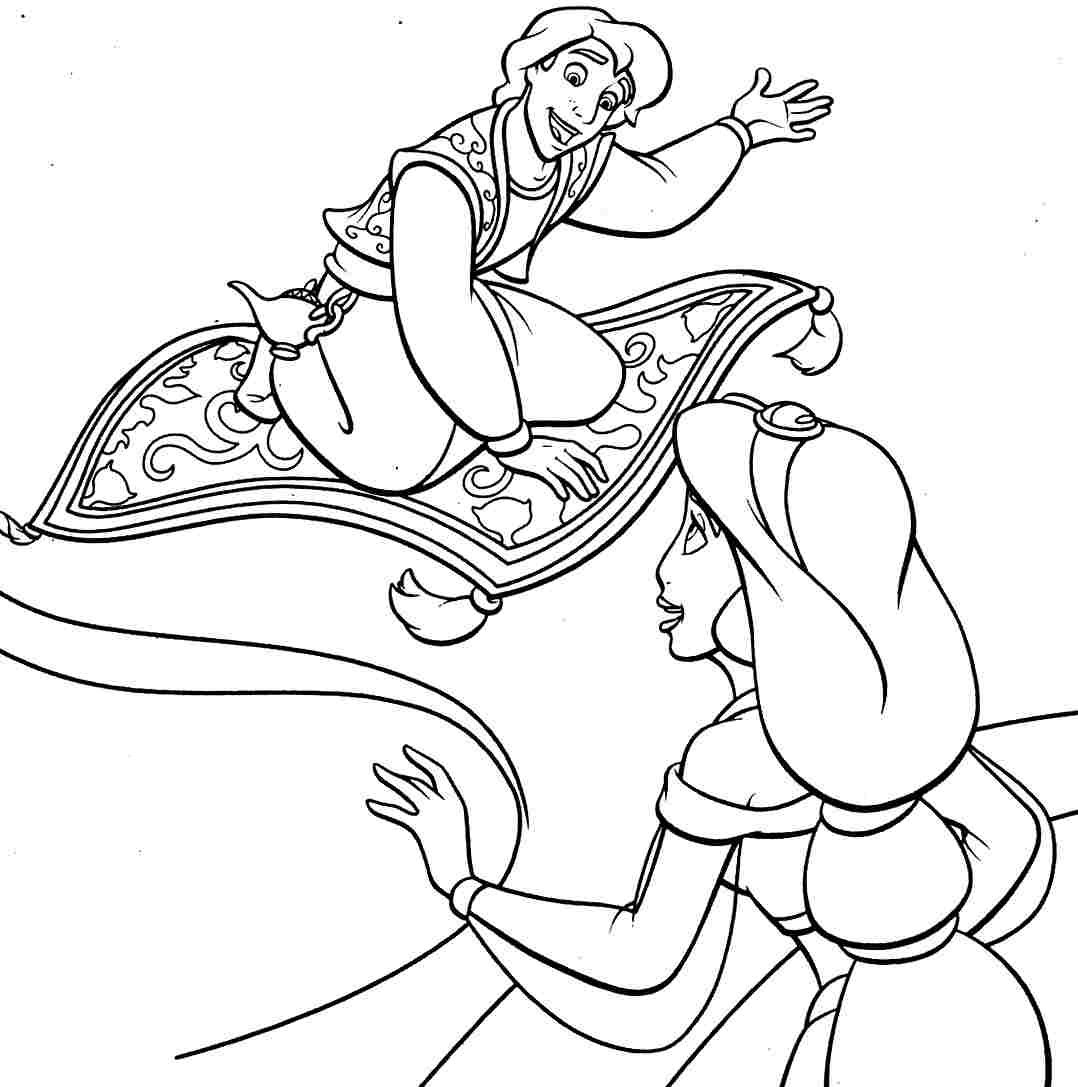 Aladdin et Jasmine en vol sur le tapis volant au-dessus d'une ville orientale
