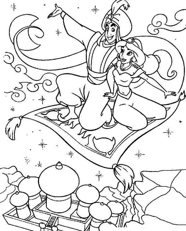Aladdin et Jasmine sur un tapis volant dans un paysage oriental