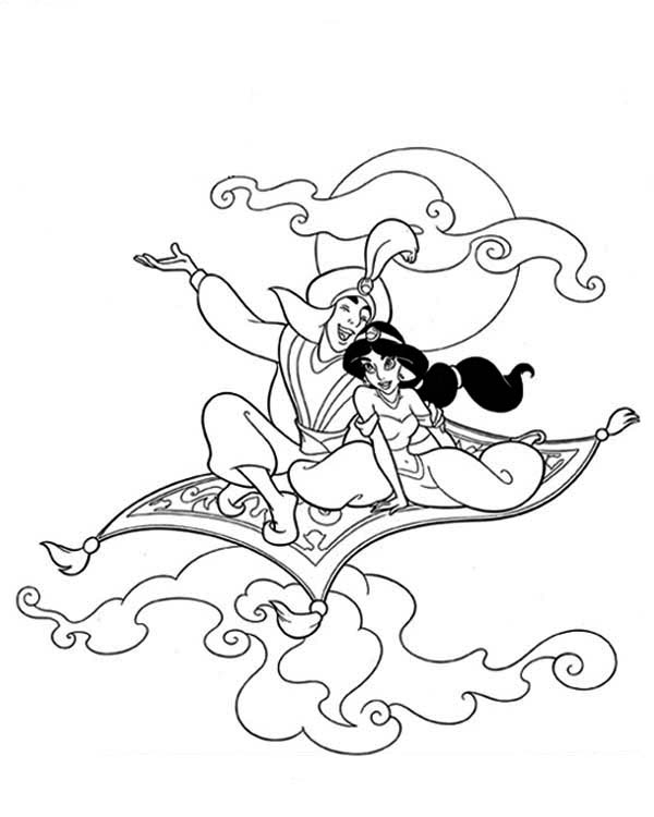 Aladdin et Jasmine en balade sur le tapis volant dans un paysage oriental