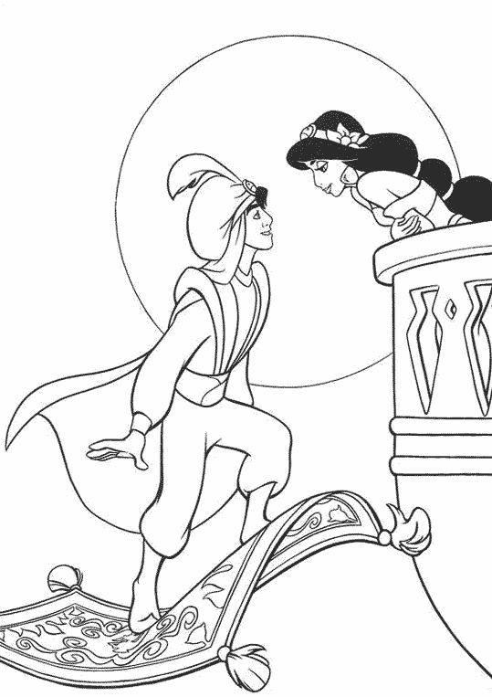 Aladdin et Jasmine sur leur tapis volant dans une scène de ciel étoilé
