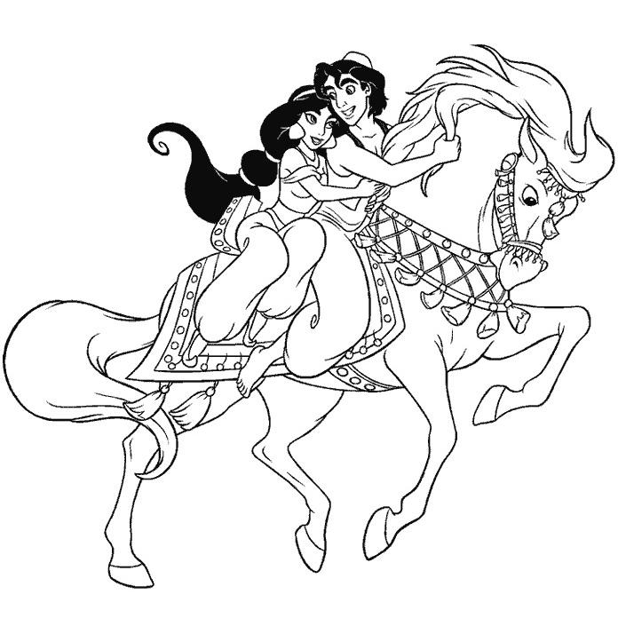 Aladdin et Jasmine sur le tapis volant dans un décor oriental