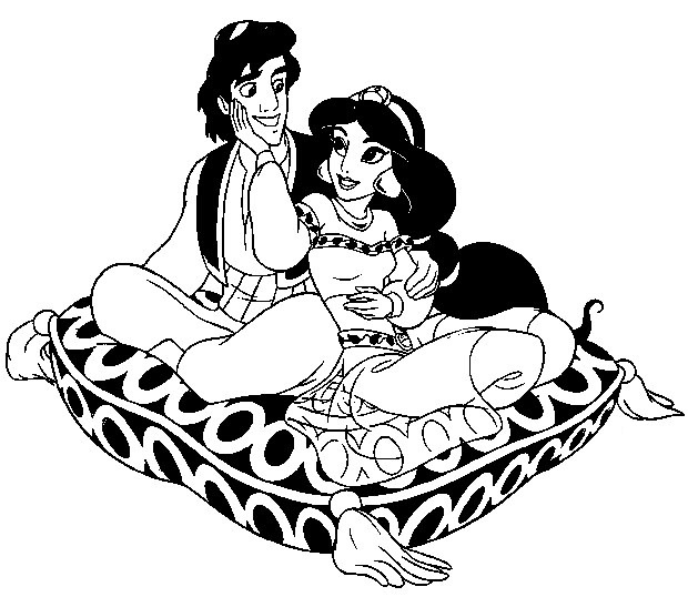 Aladdin et Jasmine sur un tapis volant dans un paysage oriental