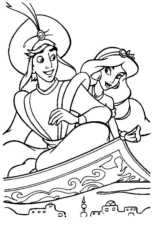 Aladdin et Jasmine sur le tapis volant dans un paysage oriental