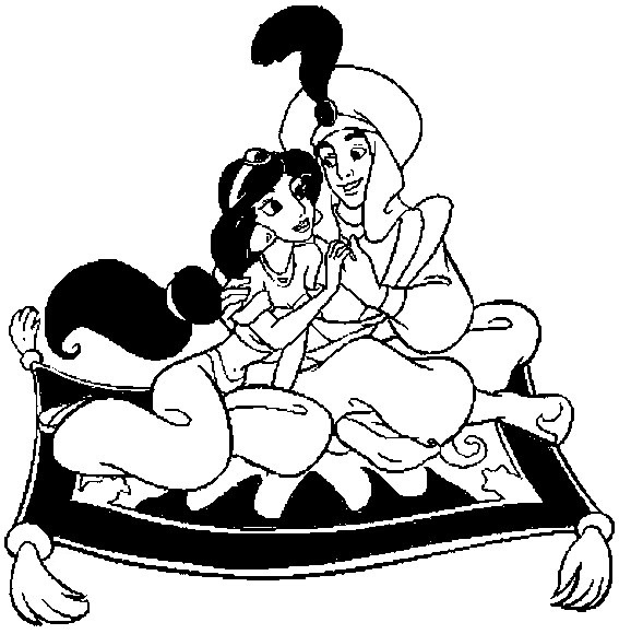 Aladdin et Jasmine sur un tapis volant dans un paysage oriental