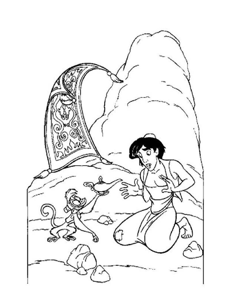 Aladdin et Jasmine en vol sur le tapis volant dans un décor oriental