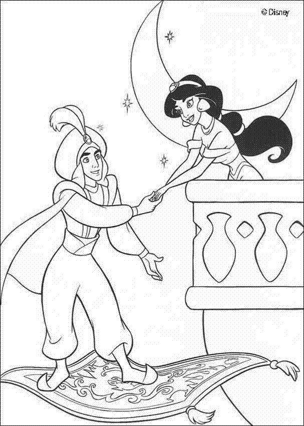 Aladdin et Jasmine sur le tapis volant dans un décor oriental