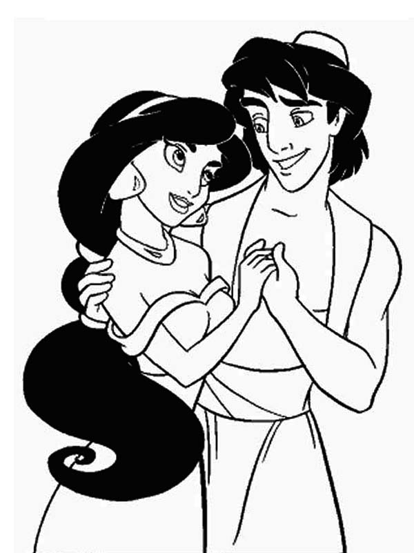 Aladdin et Jasmine dans un décor de marché animé