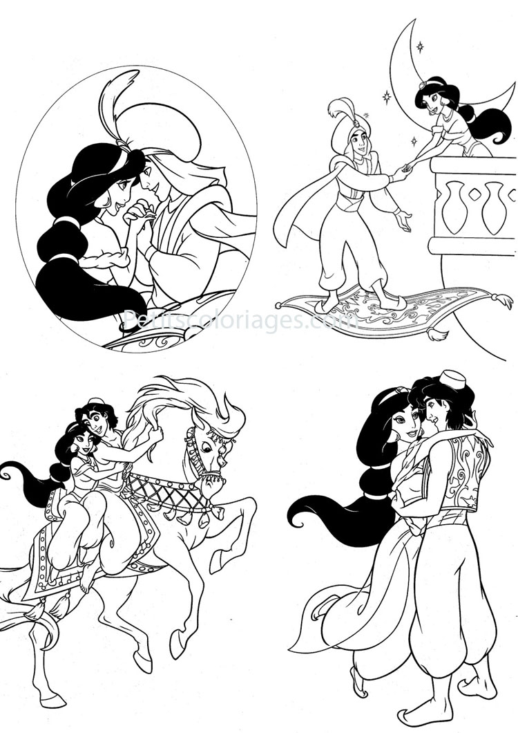 Aladdin et Jasmine volant sur un tapis magique au-dessus d'une ville orientale