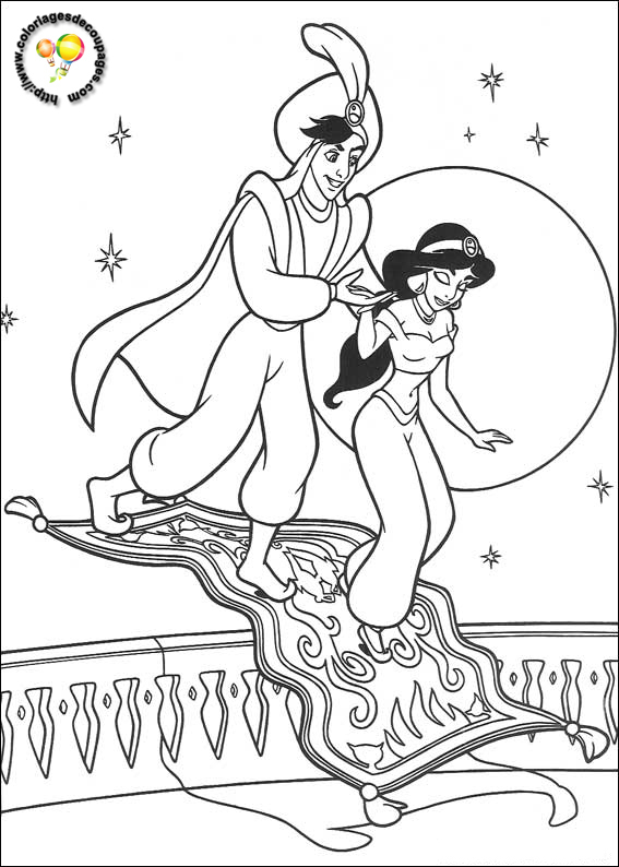 Aladdin et Jasmine sur le tapis volant dans un paysage oriental