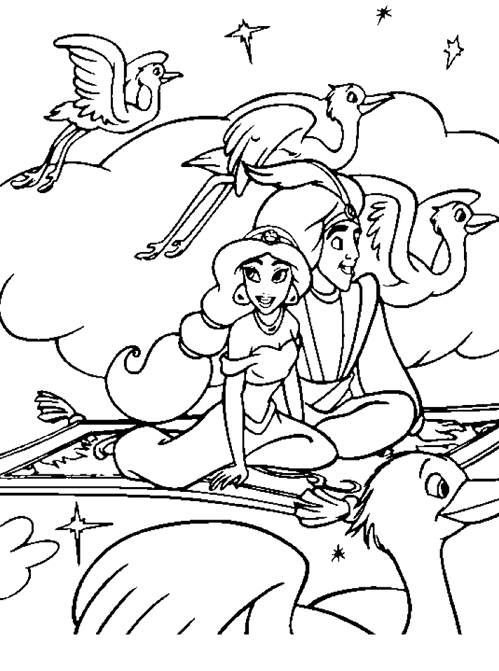 Aladdin et Jasmine volant sur un tapis magique dans un paysage aride