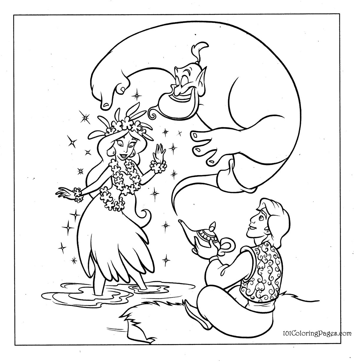 Aladdin et Jasmine dans un décor de palais