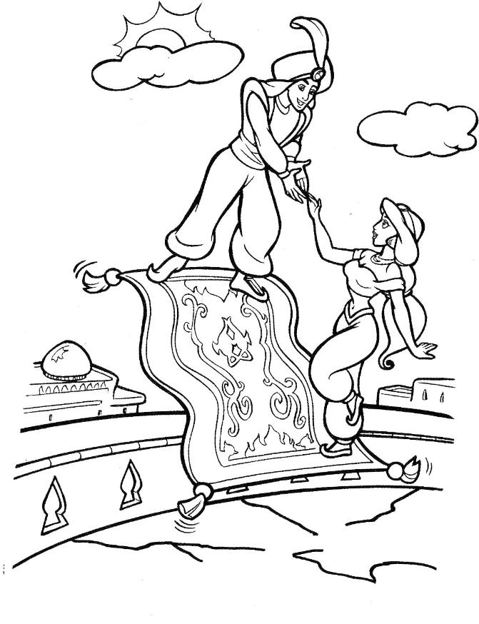 Aladdin et Jasmine au coucher du soleil sur un tapis volant