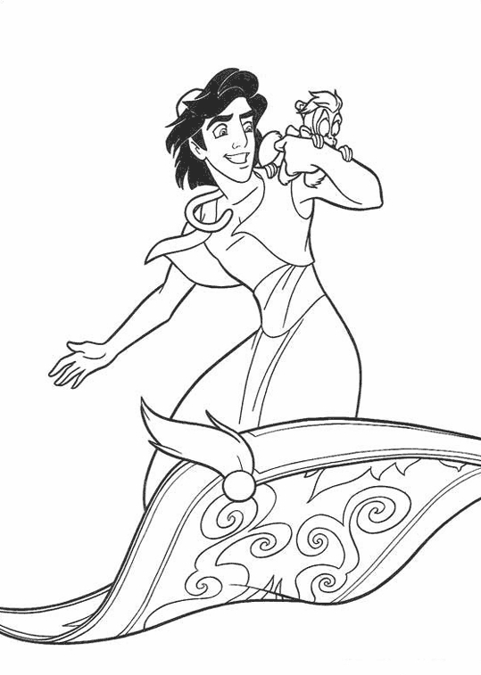 Aladdin et Jasmine volant sur le tapis magique dans un paysage oriental