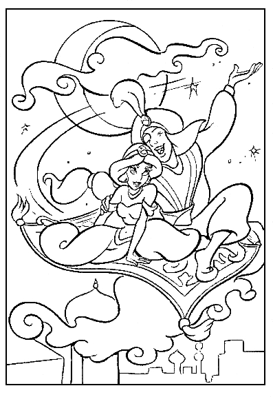 Aladdin et Jasmine sur un tapis volant au-dessus de la ville