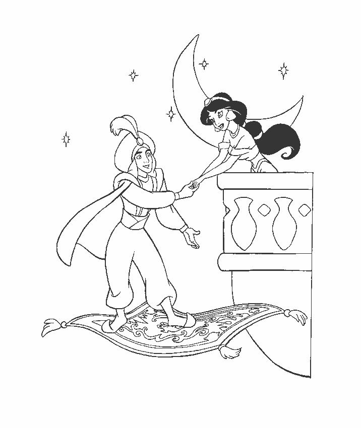 Aladdin et Jasmine sur le tapis volant dans un paysage oriental