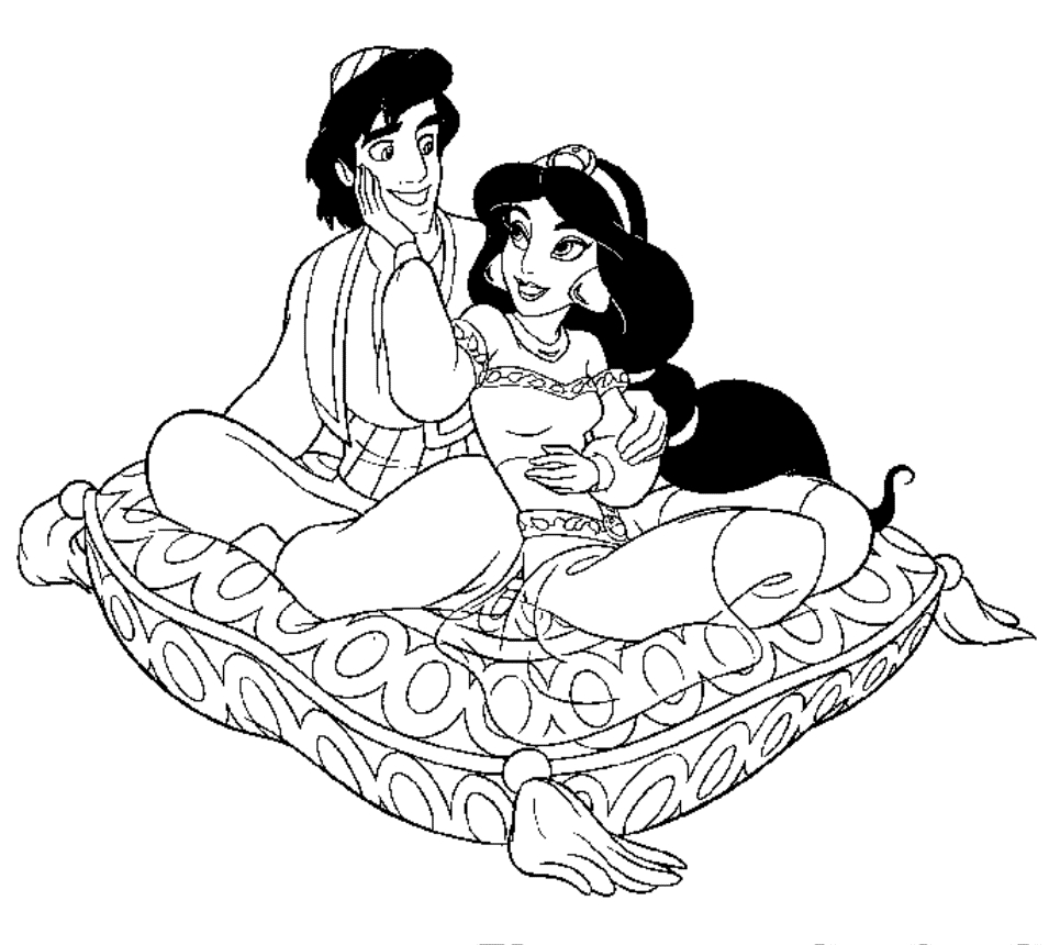 Aladdin et Jasmine volent en tapis magique au-dessus d'Agrabah