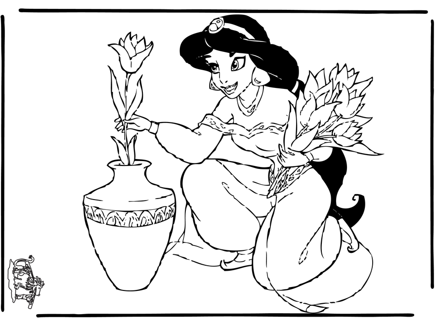 Aladdin et la princesse Jasmine face à la lampe magique dans un décor oriental