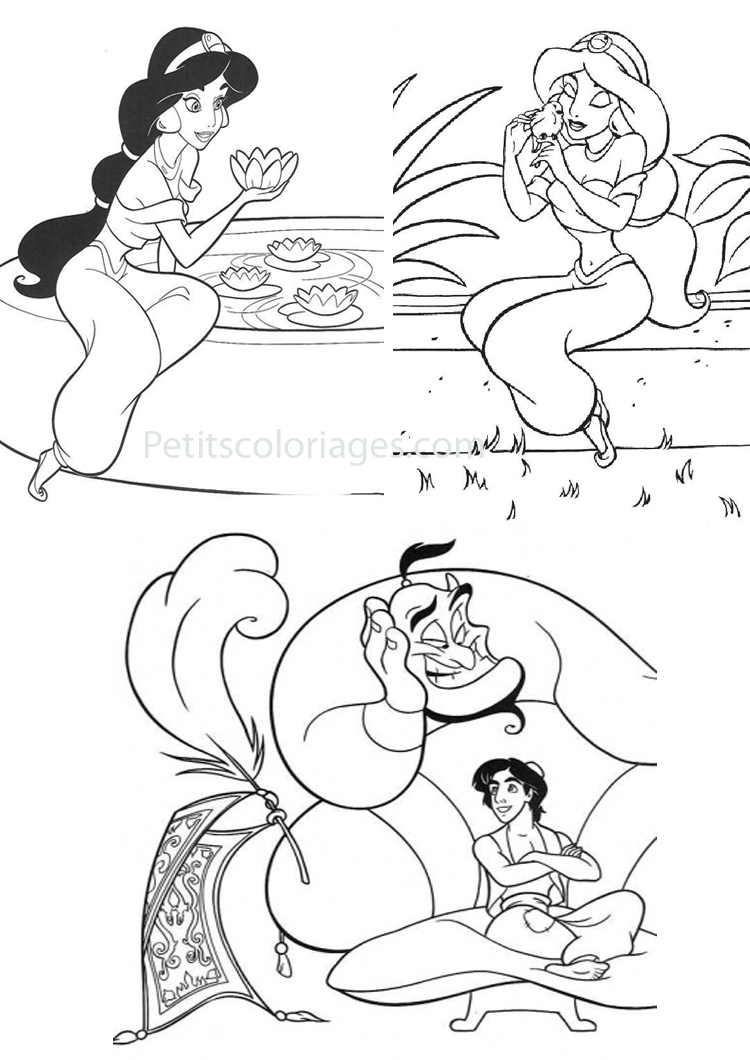 Coloriage d'Aladdin et Jasmine sur le tapis volant dans un paysage oriental