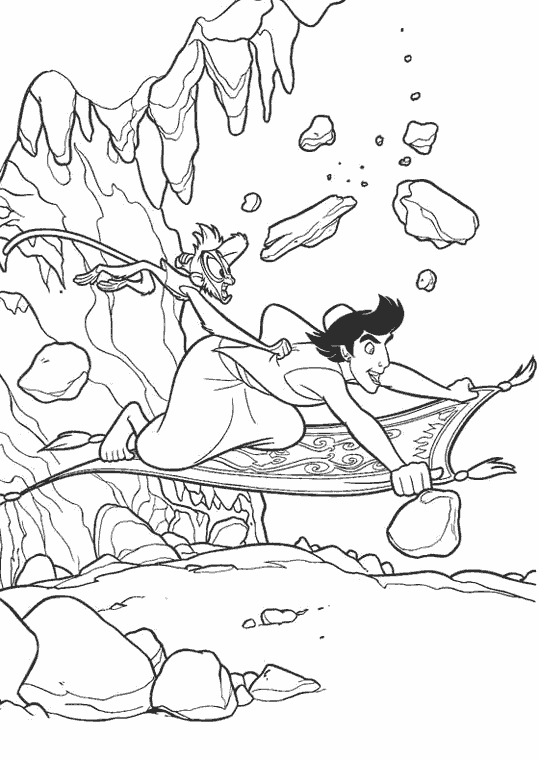 Aladdin et Jasmine s'envolent sur le tapis volant dans un décor oriental