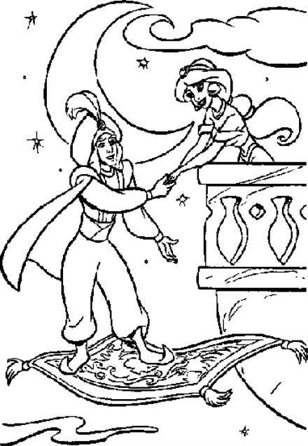 Aladdin et Jasmine volant sur le tapis magique dans une scène de marché oriental