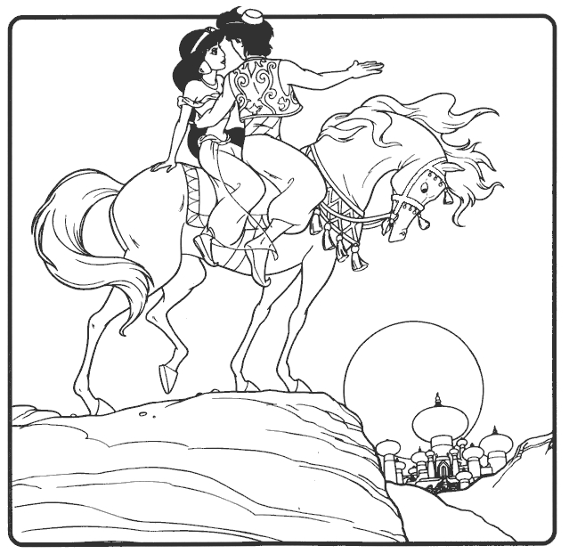 Aladdin et Jasmine sur un tapis volant dans un paysage oriental