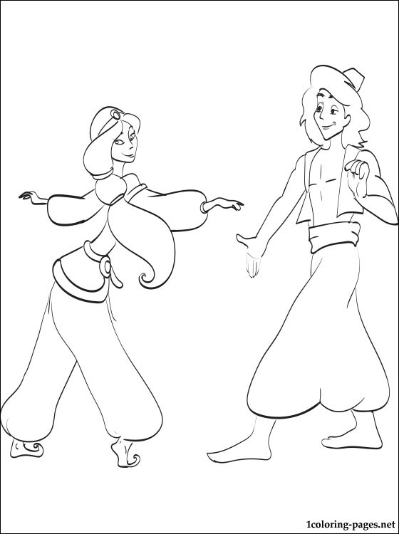 Aladdin et Jasmine sur un tapis volant au-dessus de la ville d'Agrabah