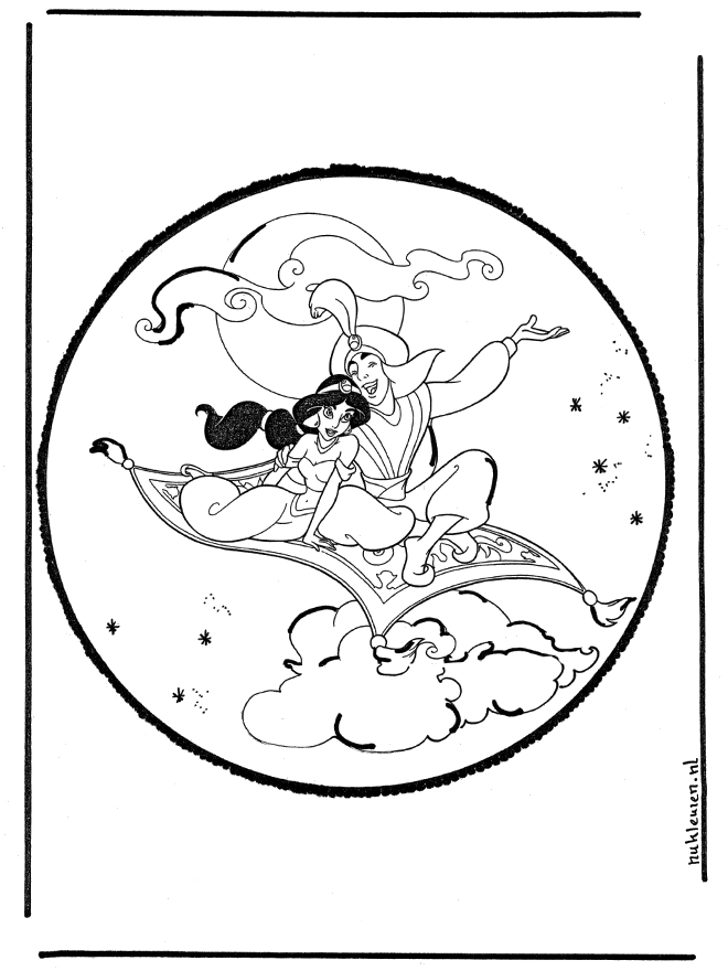Aladdin et Jasmine sur le tapis volant dans un paysage oriental