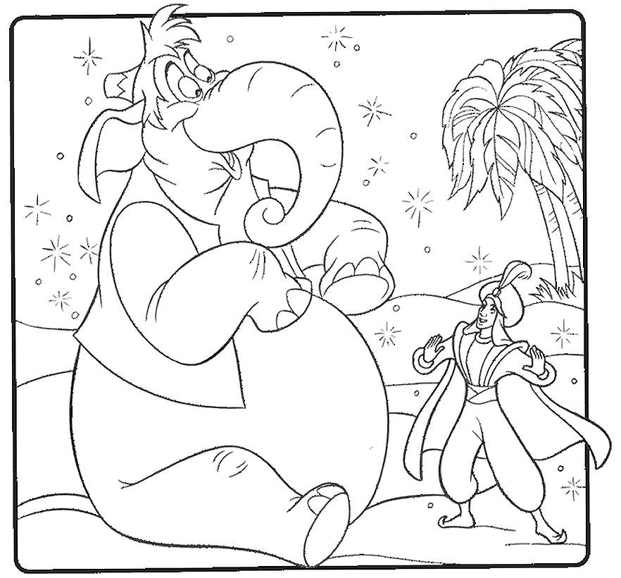 Aladdin et Jasmine se baladent sur un tapis volant au-dessus d'une ville orientale