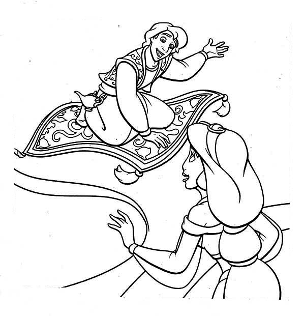 Aladdin et Jasmine sur un tapis volant dans un paysage oriental