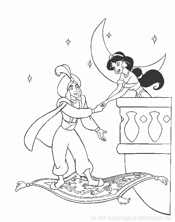 Aladdin et Jasmine sur le tapis volant dans un ciel étoilé
