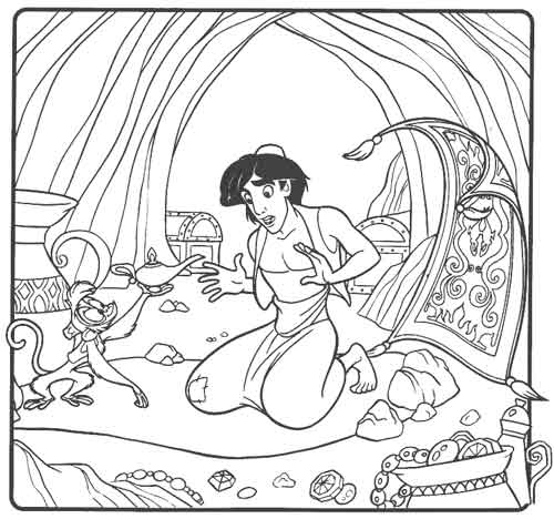 Aladdin et Jasmine en vol sur le tapis magique dans un paysage oriental