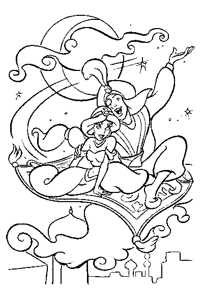 Aladdin et Jasmine sur le tapis volant dans un paysage oriental