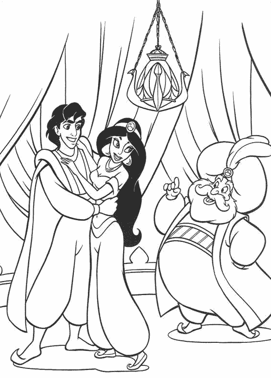 Aladdin et Jasmine sur leur tapis volant dans un paysage oriental