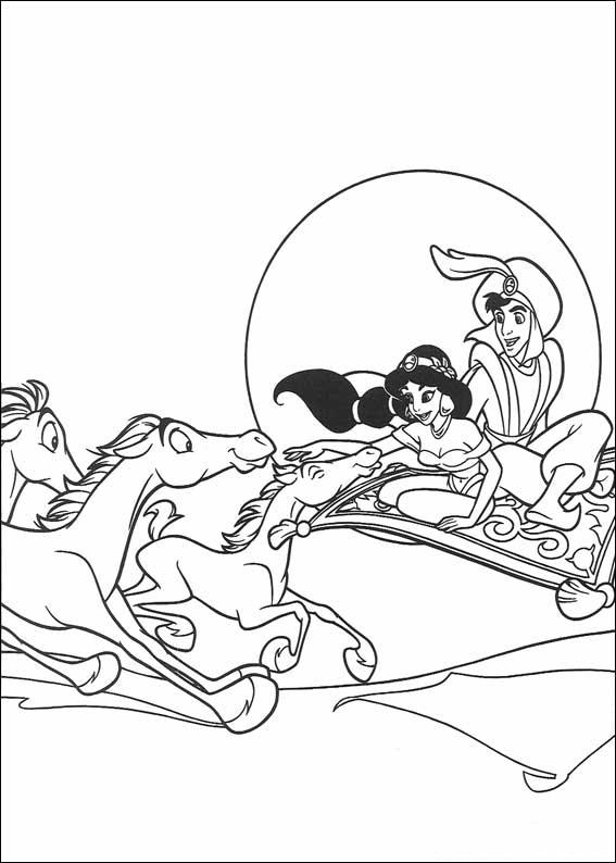 Aladdin et Jasmine en vol sur le tapis magique dans un décor oriental