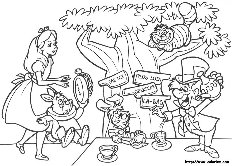 Coloriage d'Alice au Pays des Merveilles avec le Chapelier fou et le Lièvre de Mars