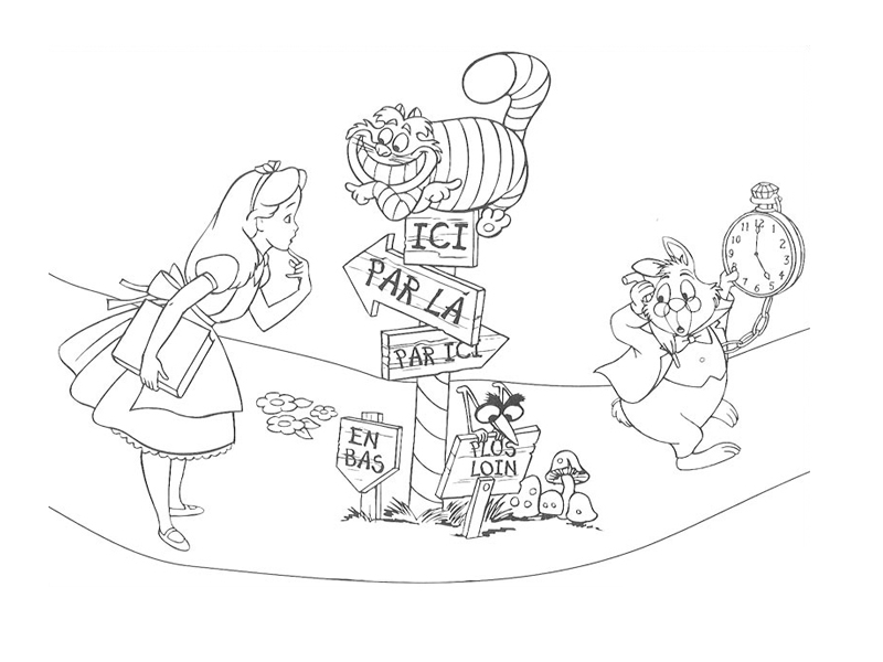 Coloriage d'Alice au pays des merveilles avec le Chapelier fou et le Lièvre de Mars