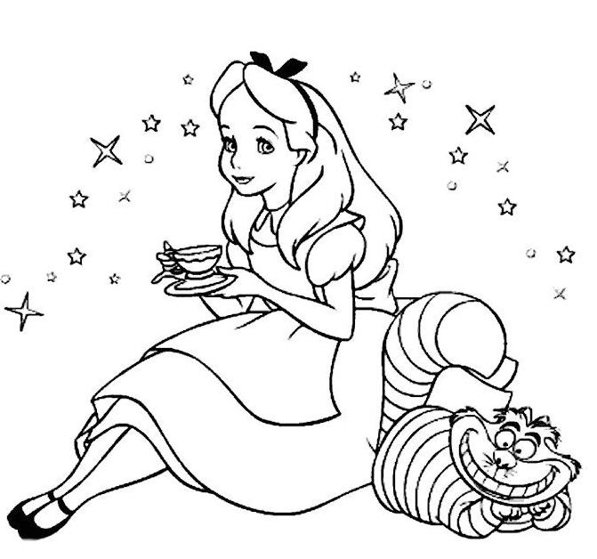 Coloriage d'Alice au Pays des Merveilles avec le Chapelier fou et le Lièvre de mars