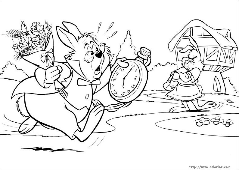 Coloriage d'Alice au Pays des Merveilles avec le Chapelier Fou et le Lièvre de Mars