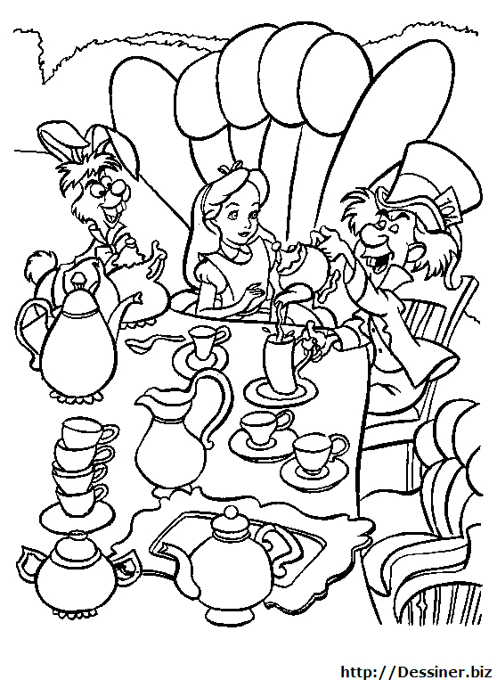 Coloriage d'Alice au Pays des Merveilles avec le Chapelier fou et le Lièvre de Mars