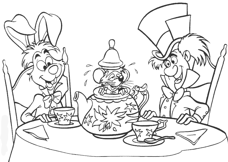 Coloriage d'Alice au Pays des Merveilles avec des personnages emblématiques dans un décor inspirant